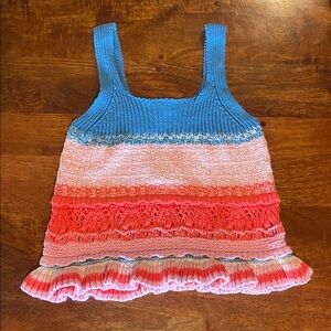 entro Blue Pink Coral Striped Knit Ruffle Hem Tank large